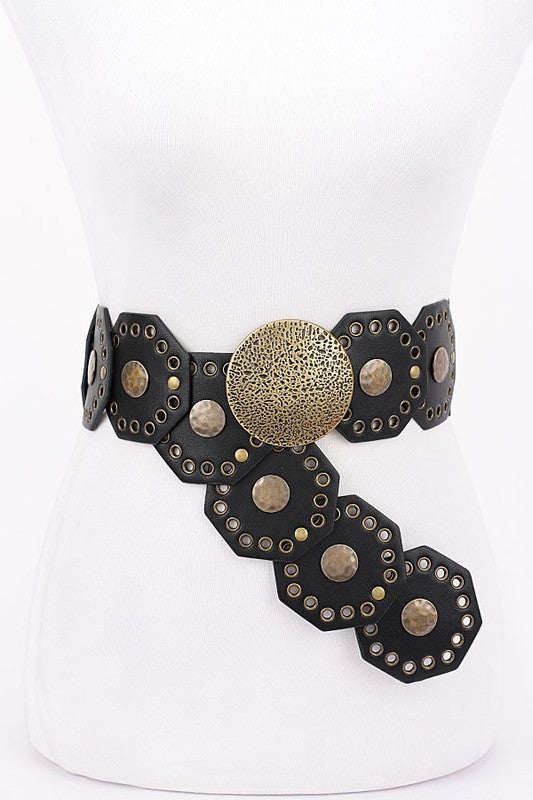 Metal Round Vintage Stud Belt- Black -Gold
