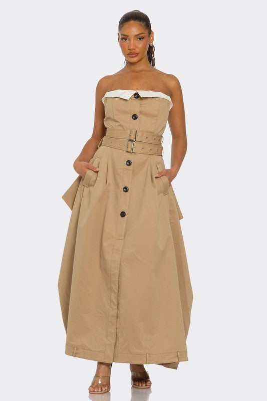 Khaki Trench Maxi Coat Dress