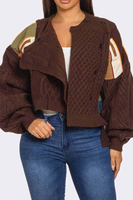 Patchwork Asymmetric Knit Sweater (Brown)