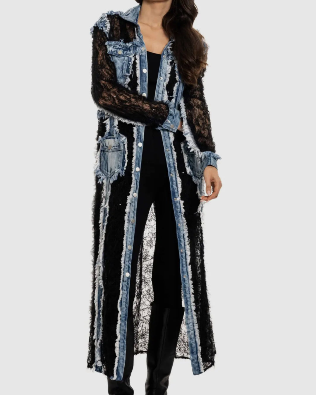Long Black & Denim Shreds Lace Jacket