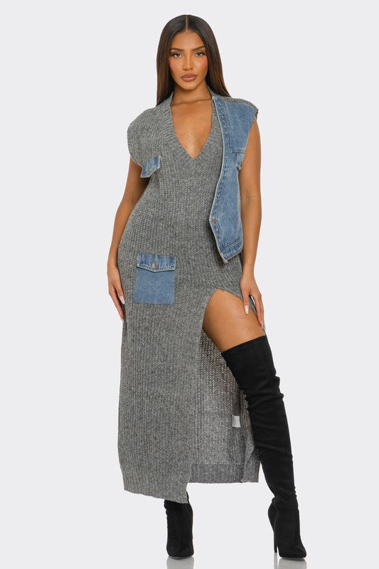 MIX IT UP GREY & DENIM CASUAL DRESS