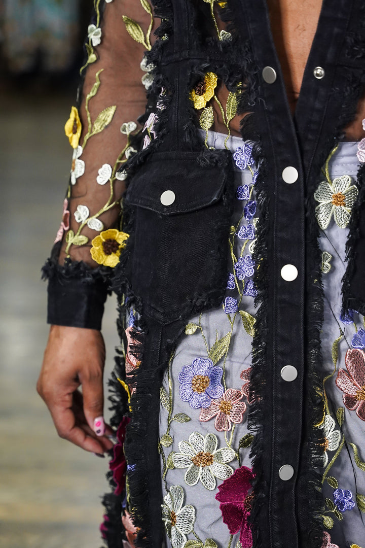 FLOWER PETALS ON DENIM LONG JACKET
