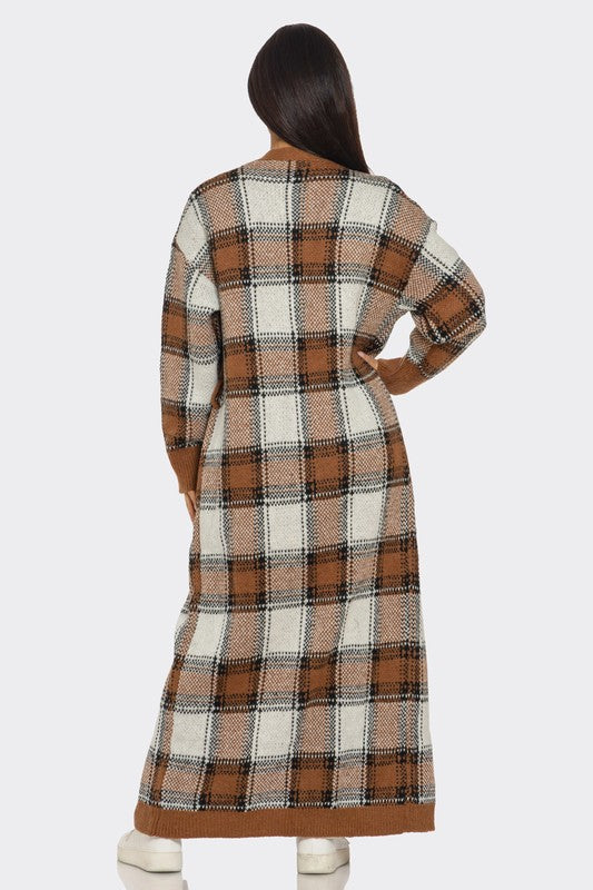 Printed Plaid Belted Cardigan