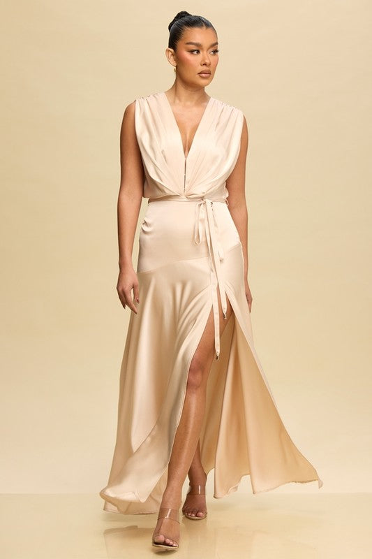Satin Soft Pleated Split Dress