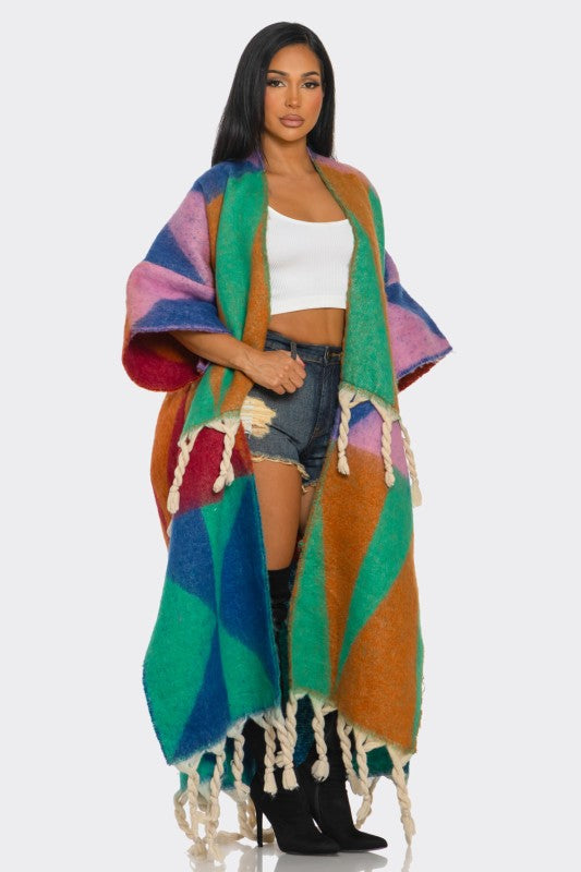 Fallon Fuzzy Warm Cardigan - Green/Brown/Blue