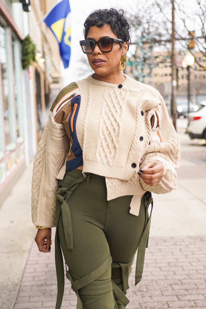 Patchwork Asymmetric Knit Sweater (Chestnut)