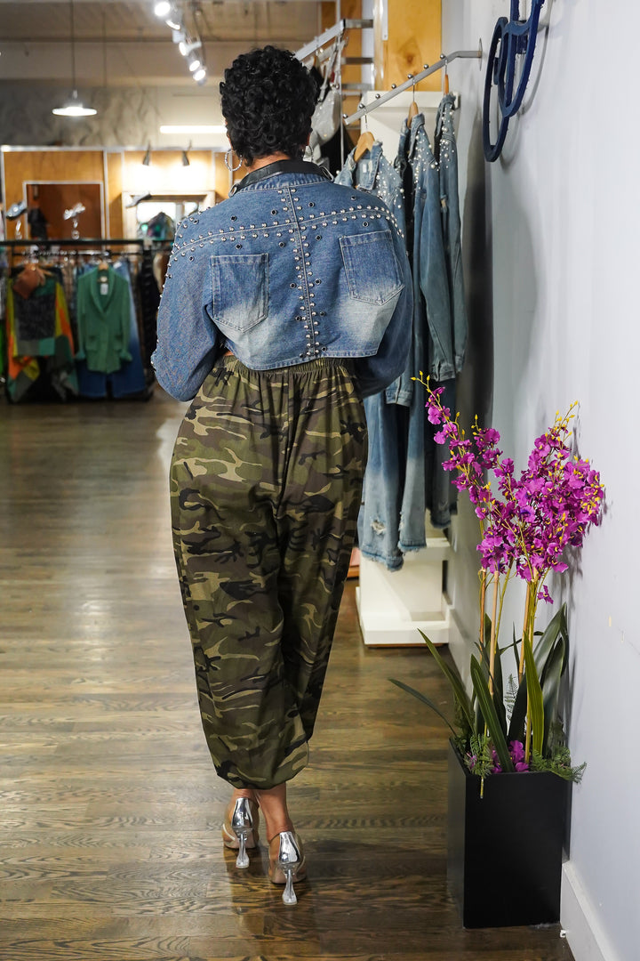 Belted up Stud Denim Crop Jacket