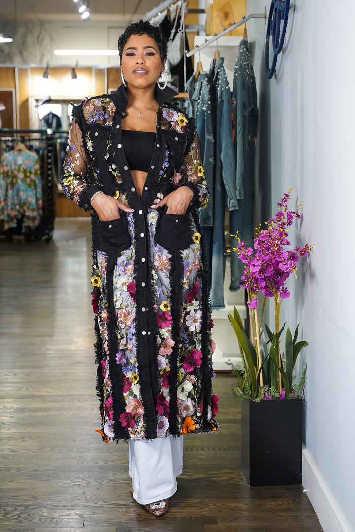 FLOWER PETALS ON DENIM LONG JACKET