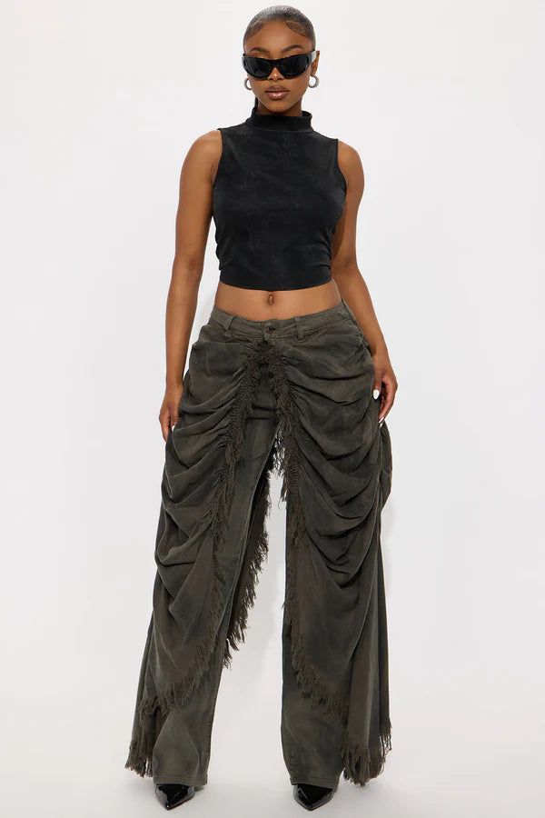 Draped Over Fringe Jeans (Olive)