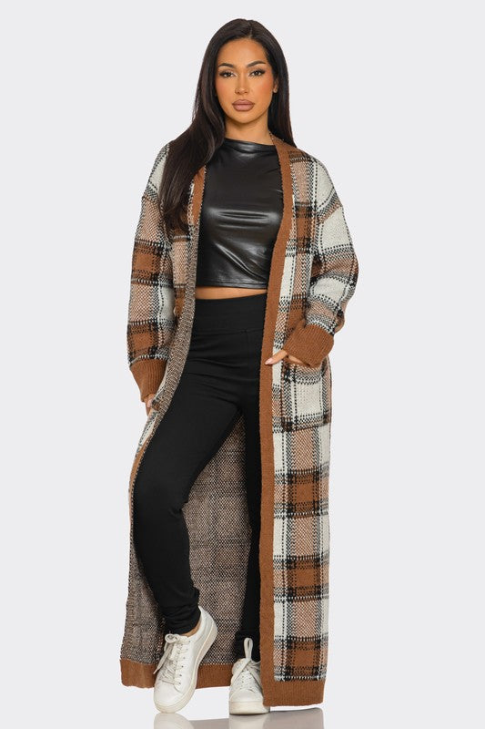 Printed Plaid Belted Cardigan
