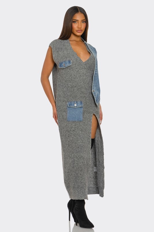 MIX IT UP GREY & DENIM CASUAL DRESS