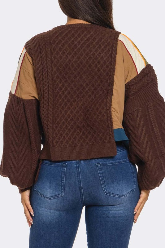 Patchwork Asymmetric Knit Sweater (Brown)