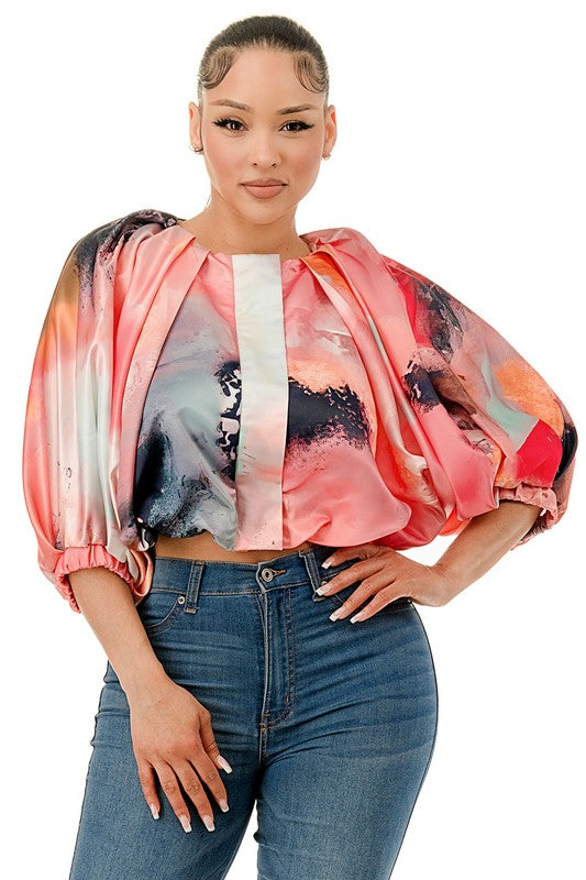 Satin Soft Crop Bubble Sleeve Top Pink Multi Large