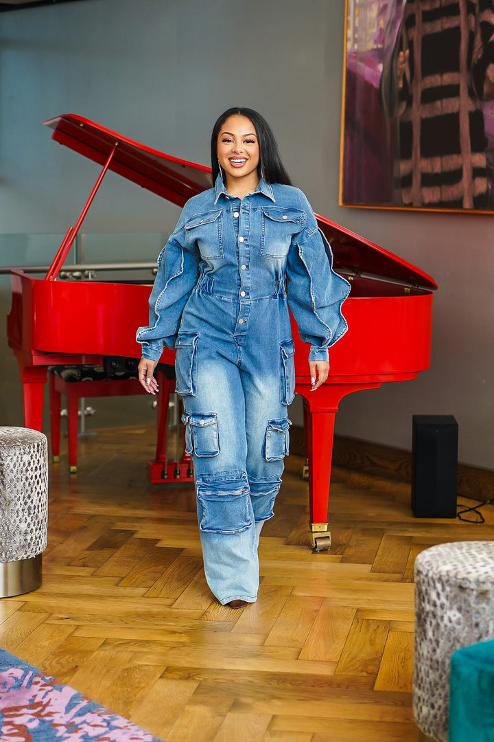 Kyleigh Cargo Ruffle Sleeve Jean Jumpsuit (White)