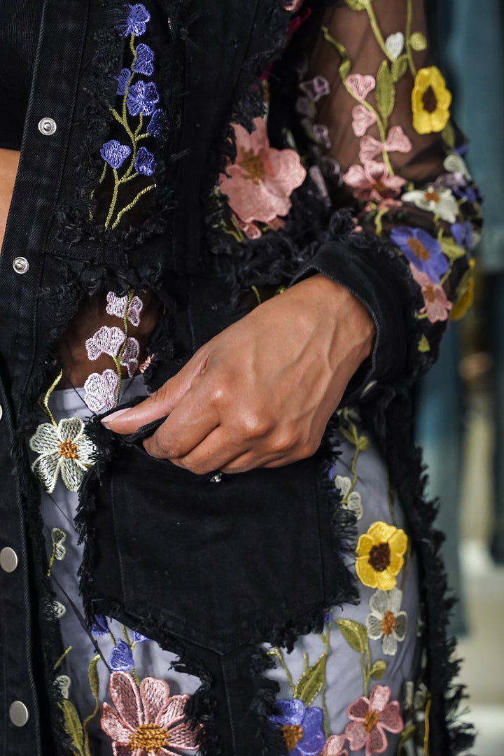 FLOWER PETALS ON DENIM LONG JACKET