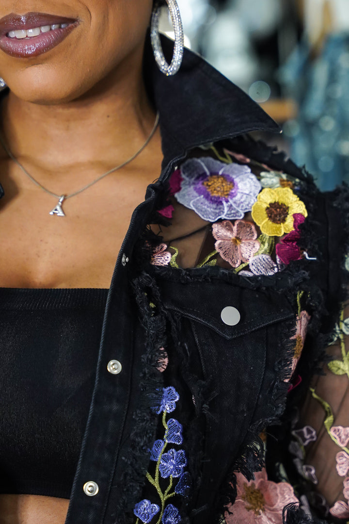 FLOWER PETALS ON DENIM LONG JACKET