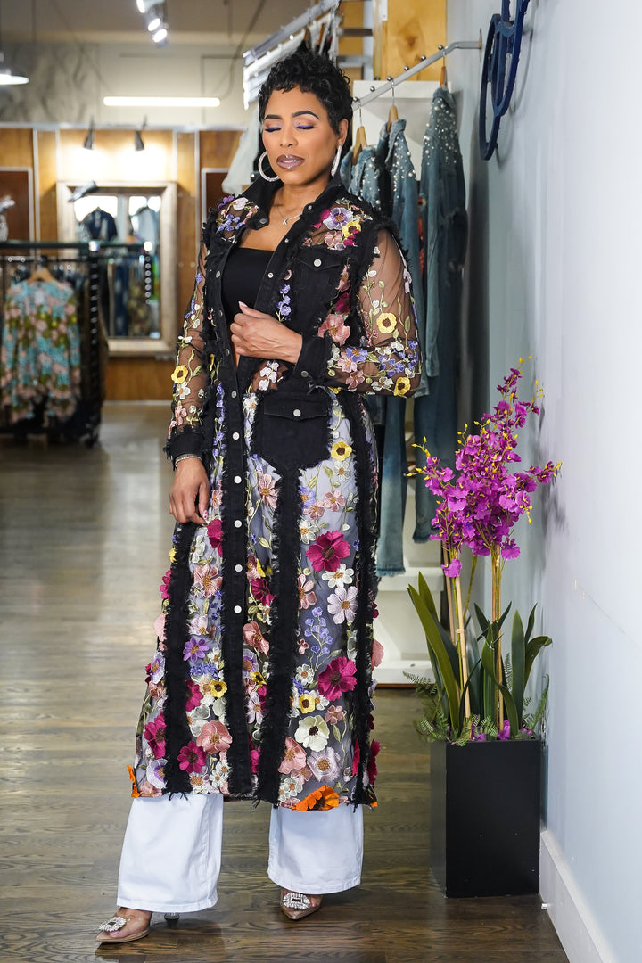 FLOWER PETALS ON DENIM LONG JACKET