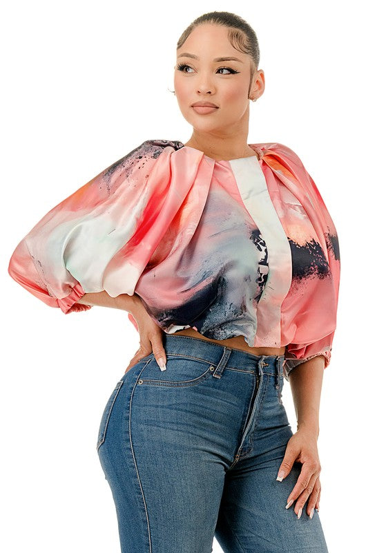 Satin Soft Crop Bubble Sleeve Top Pink Multi Large