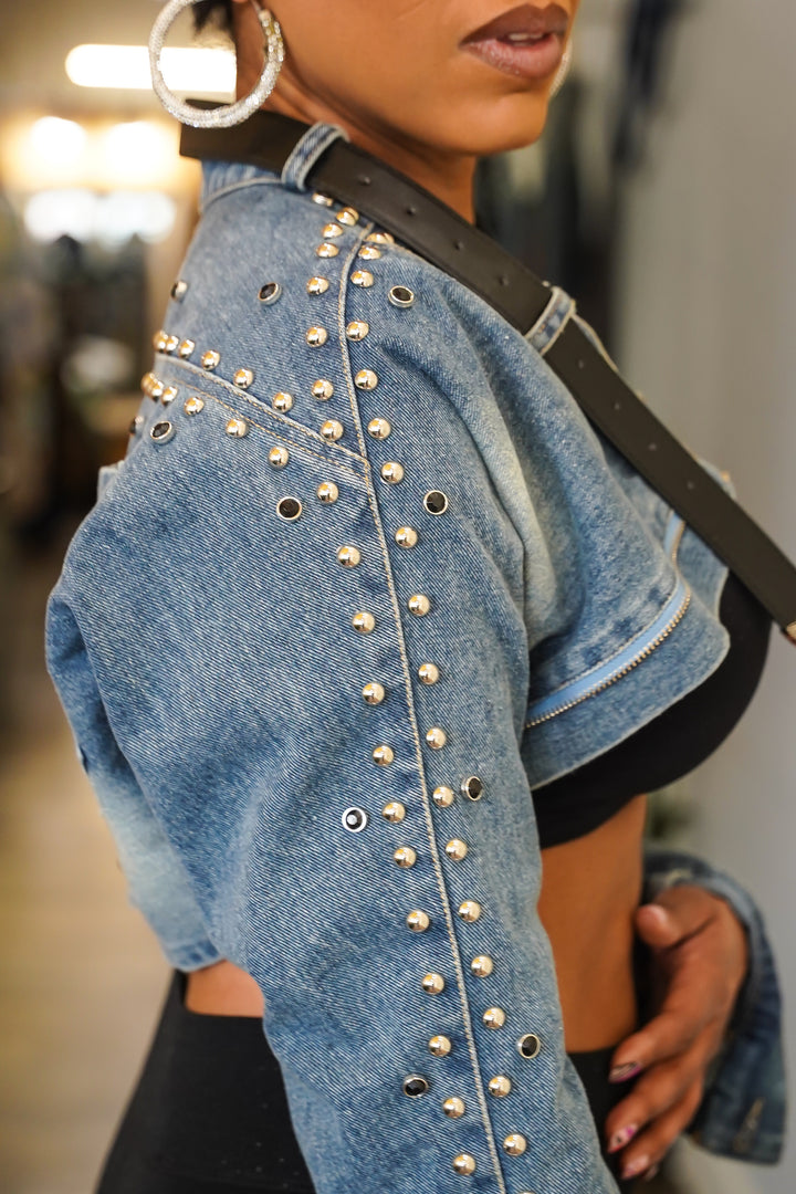 Belted up Stud Denim Crop Jacket