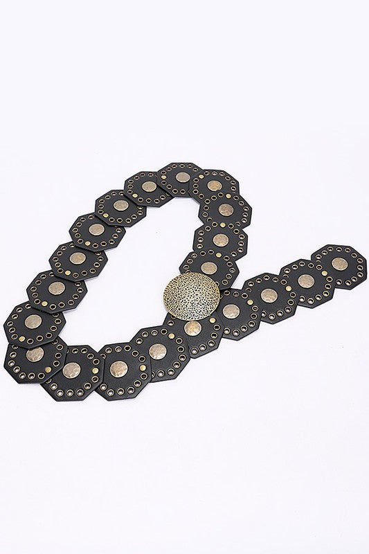 Metal Round Vintage Stud Belt- Black -Gold