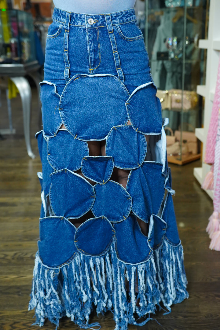 Circle Around Denim Fringe Skirt