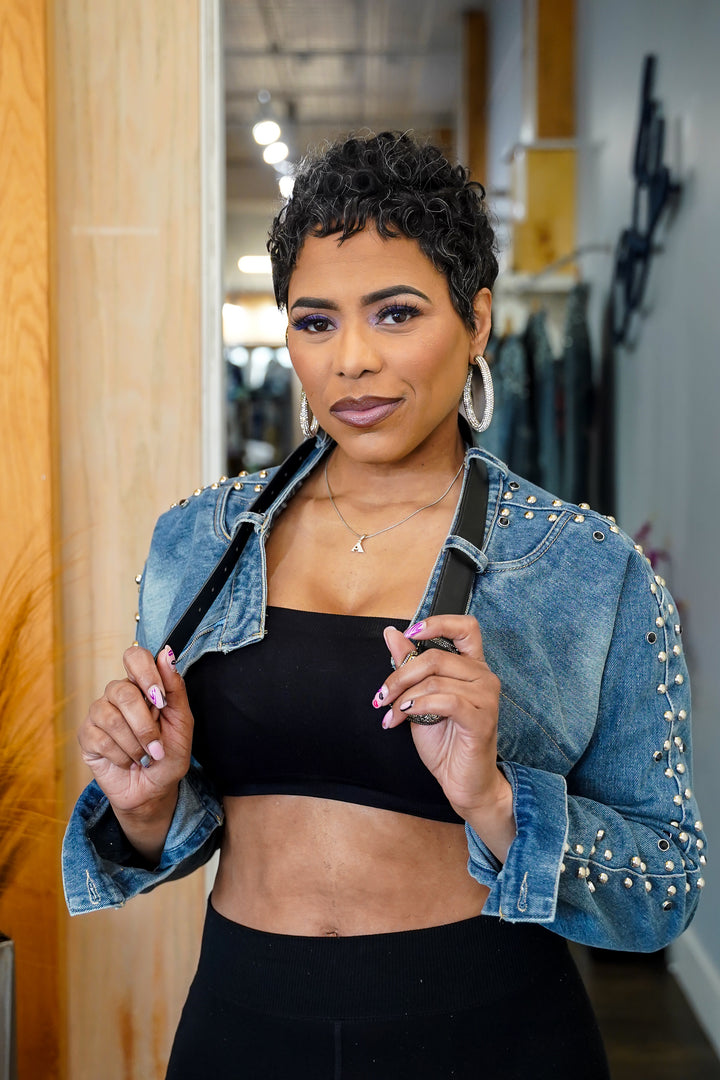 Belted up Stud Denim Crop Jacket
