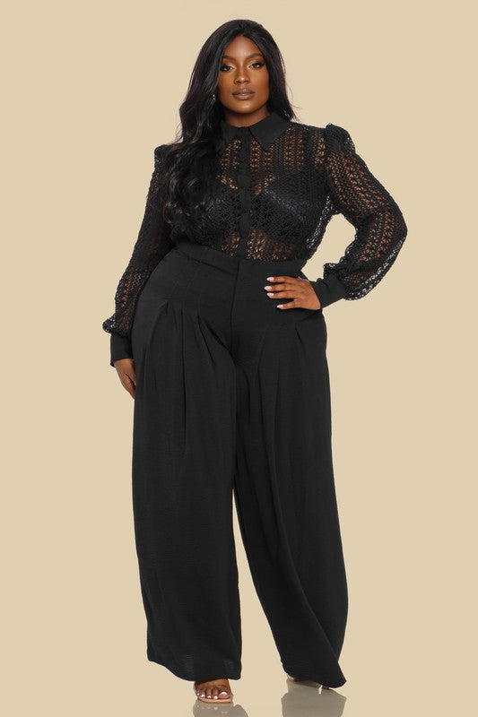 Celine Crochet Wide Leg Pants Set (Black) Plus Size