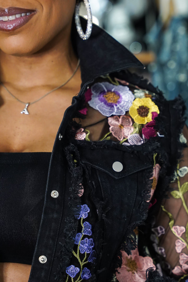 FLOWER PETALS ON DENIM LONG JACKET
