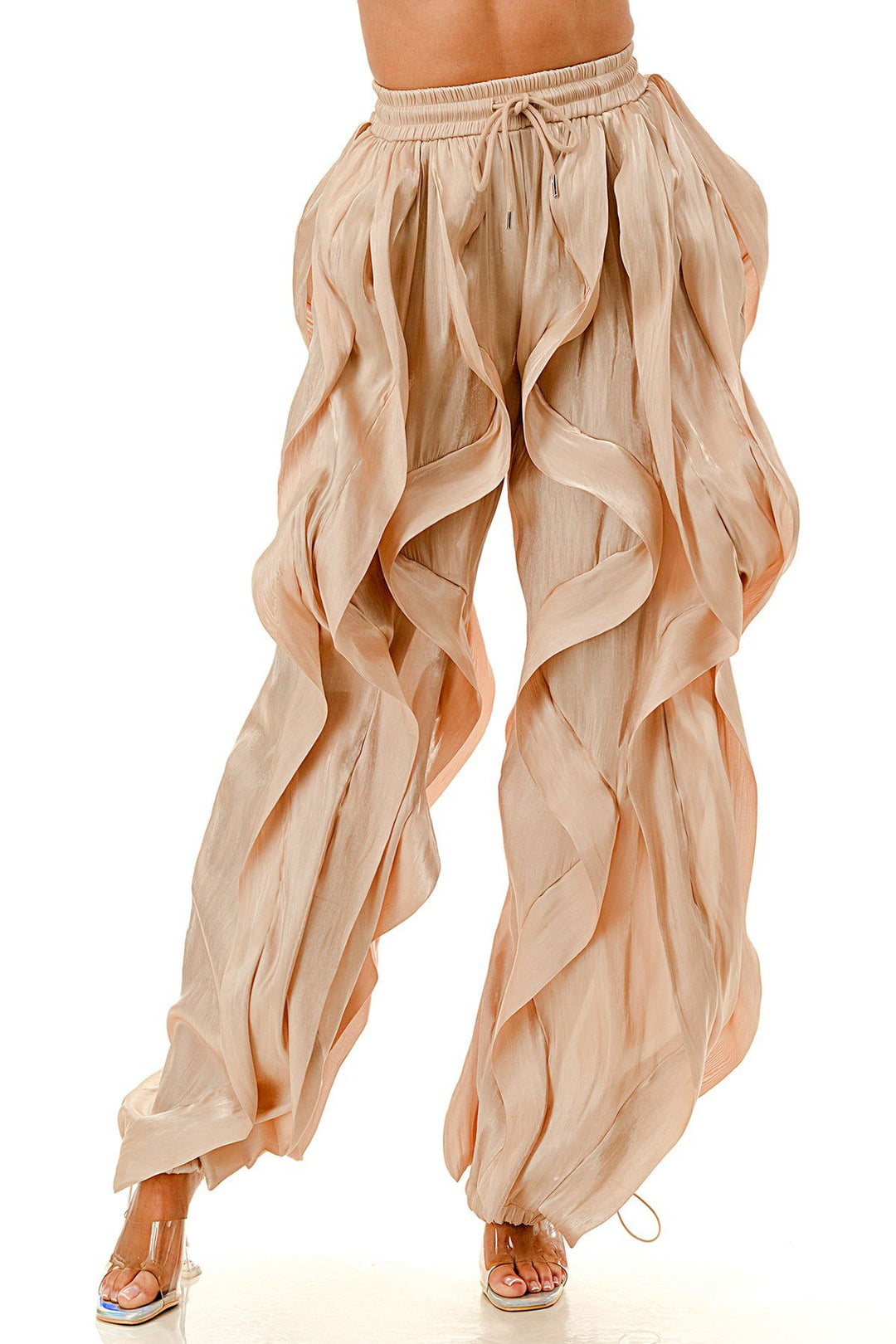 High Waisted Ruffle Organza Drawstring Joggers (Beige)