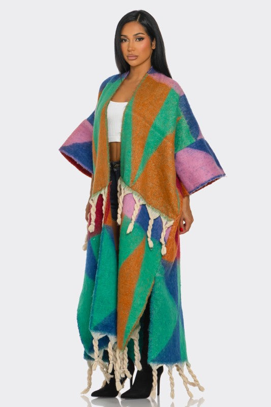 Fallon Fuzzy Warm Cardigan - Green/Brown/Blue