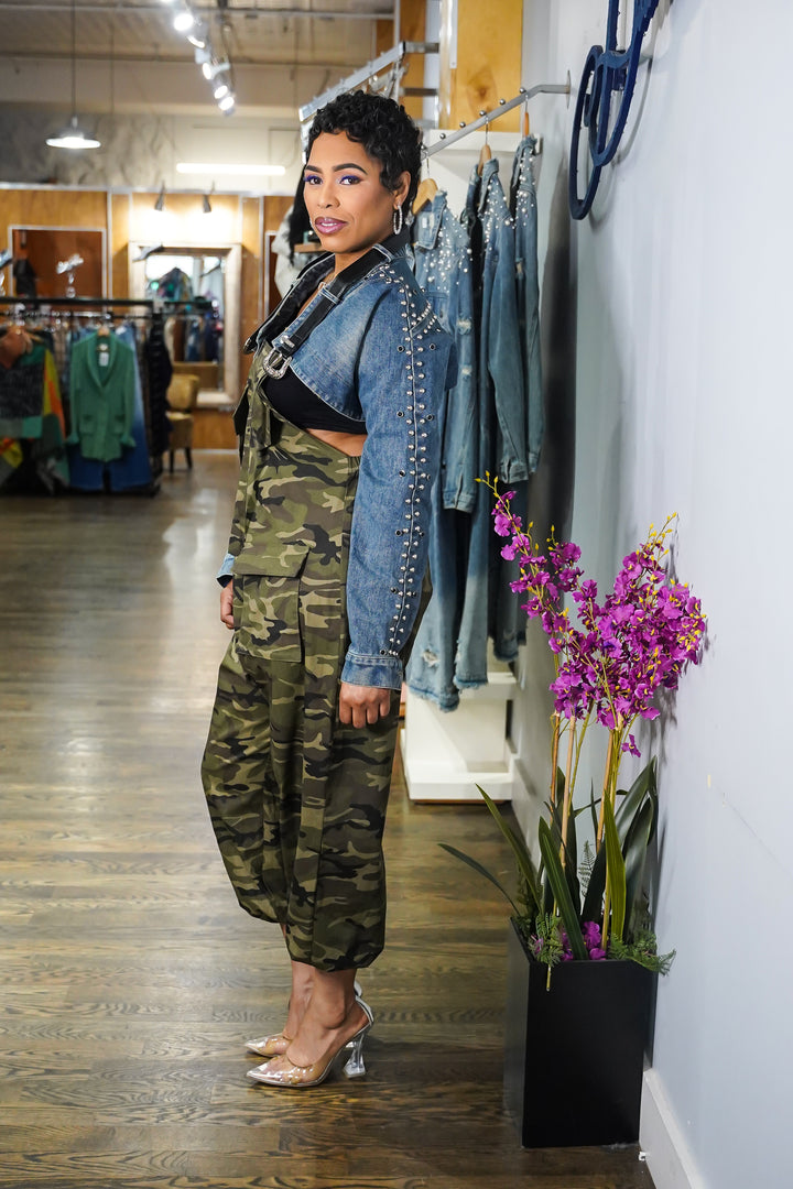 Belted up Stud Denim Crop Jacket