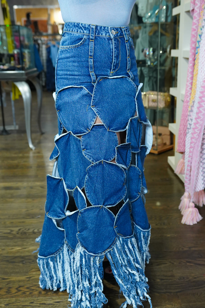 Circle Around Denim Fringe Skirt