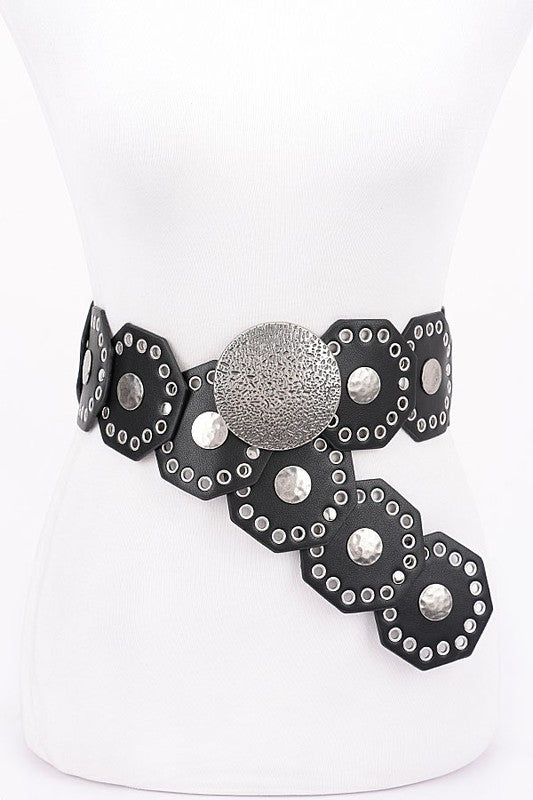 Metal Round Vintage Stud Belt- Black -Gold