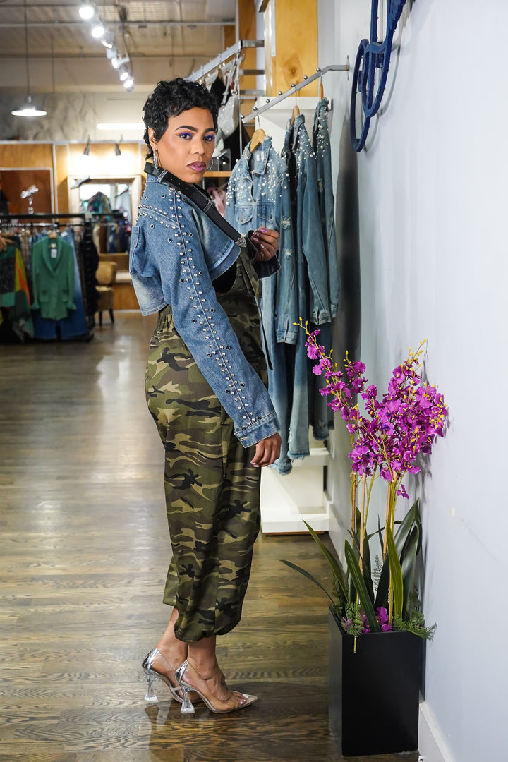 Belted up Stud Denim Crop Jacket