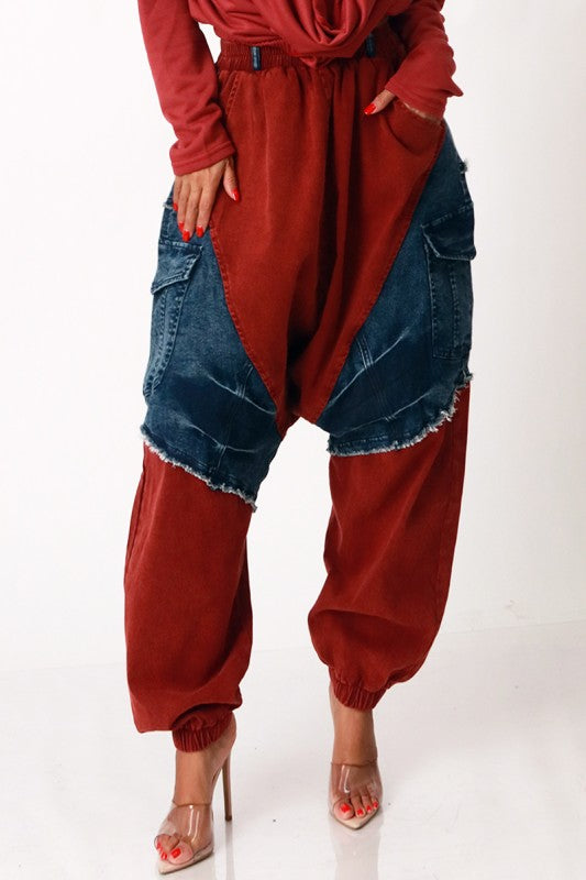 No Pressure Denim Harem Joggers (Burgundy)
