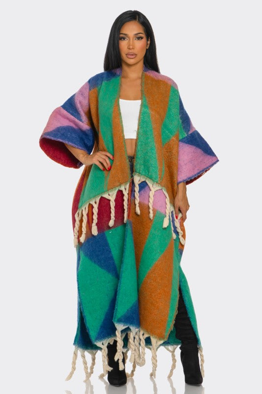 Fallon Fuzzy Warm Cardigan - Green/Brown/Blue