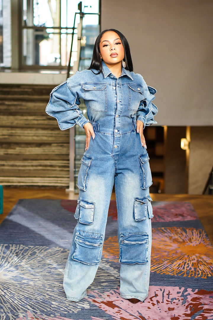 Kyleigh Cargo Ruffle Sleeve Jean Jumpsuit (White)