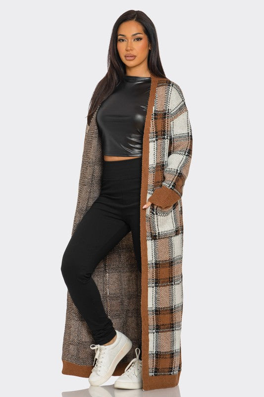 Printed Plaid Belted Cardigan