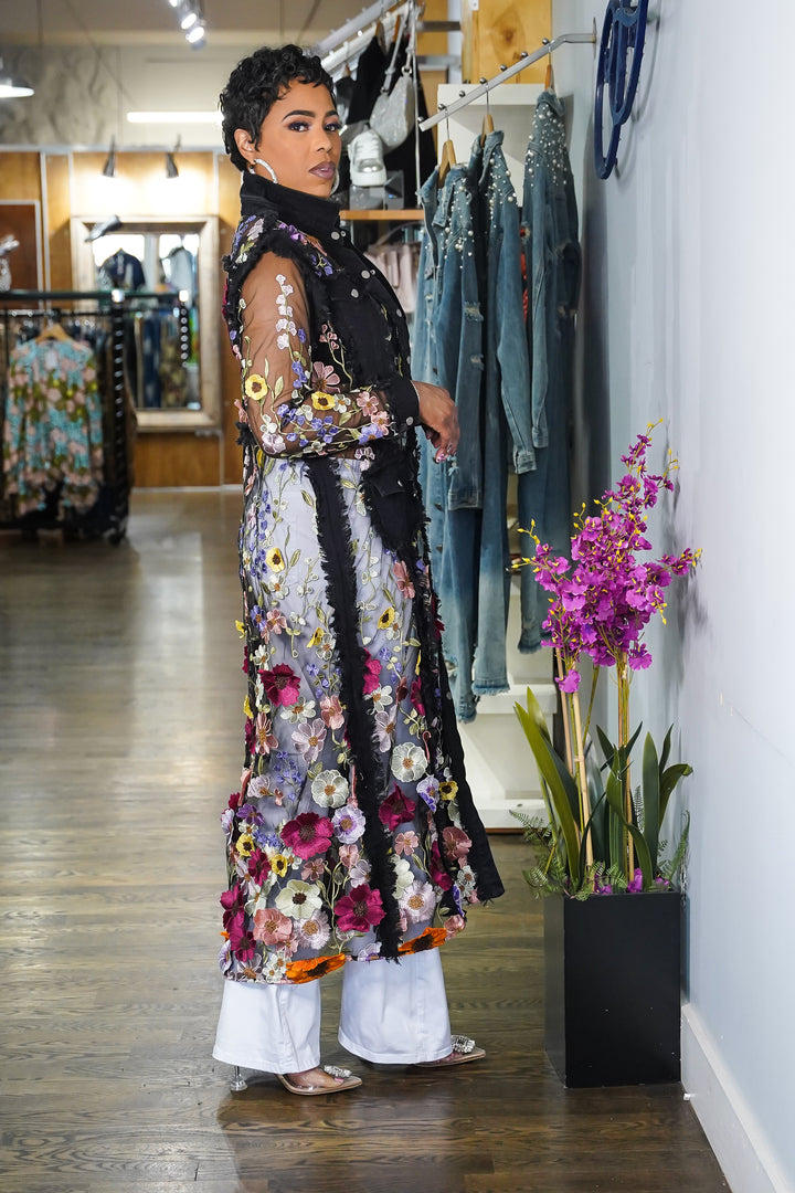 FLOWER PETALS ON DENIM LONG JACKET