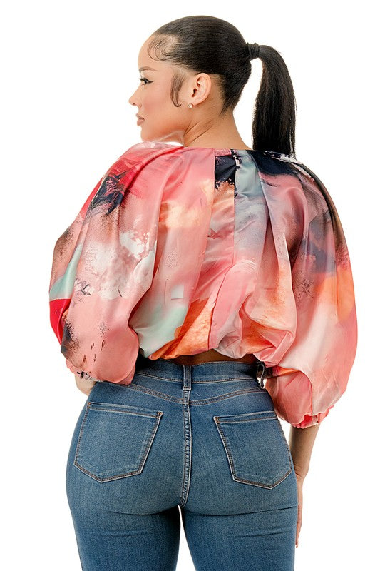 Satin Soft Crop Bubble Sleeve Top Pink Multi Large