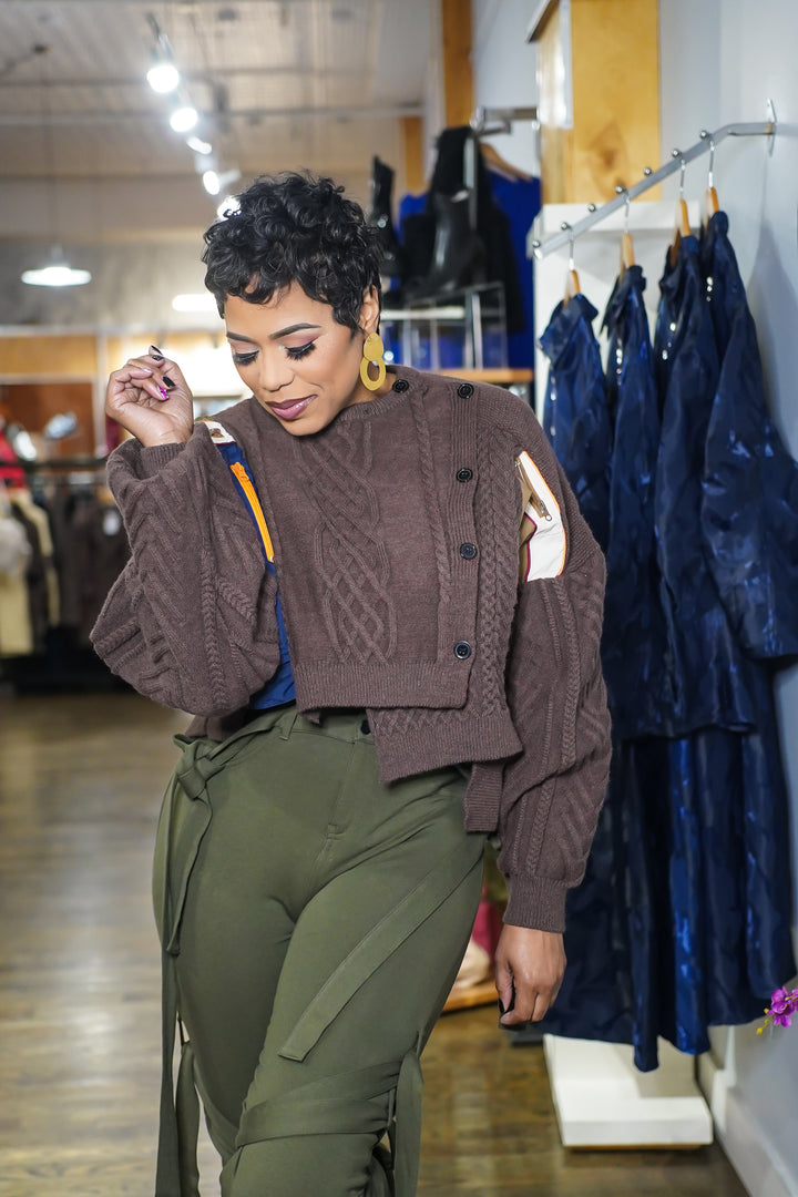 Patchwork Asymmetric Knit Sweater (Brown)
