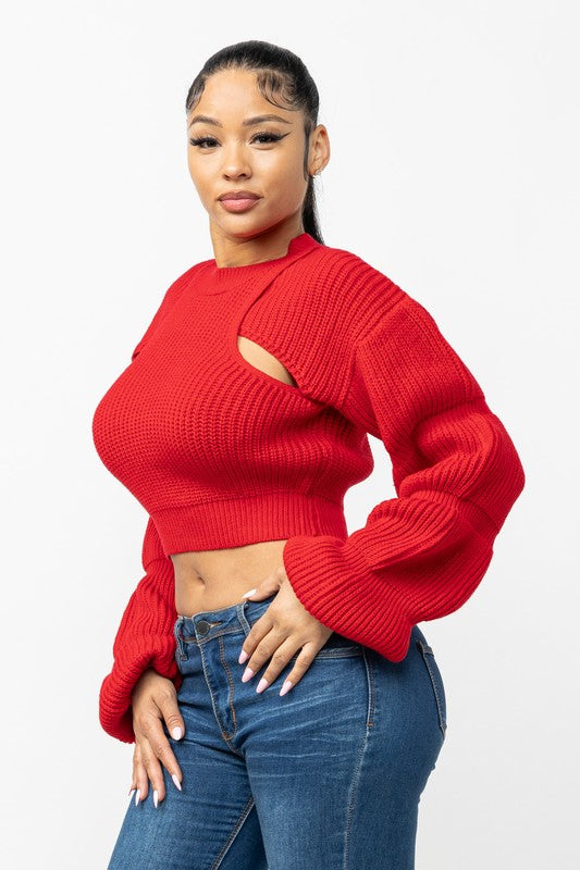 Side Slit Knit Crop Sweater (Red)