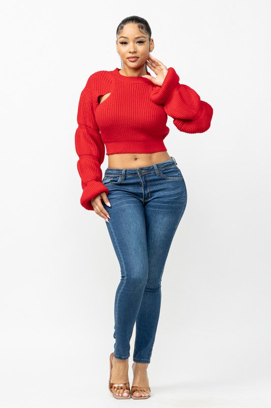 Side Slit Knit Crop Sweater (Red)