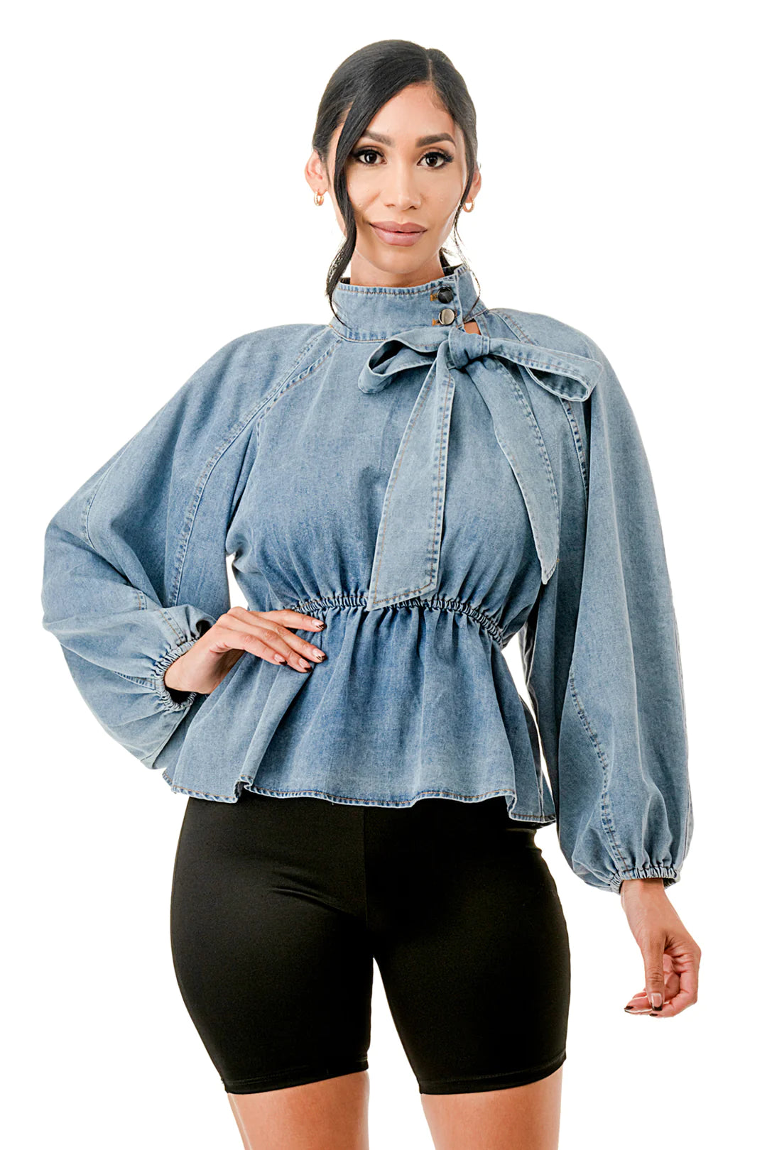 Claire clinched waist Bow tie Denim Top Also available in Plus Size