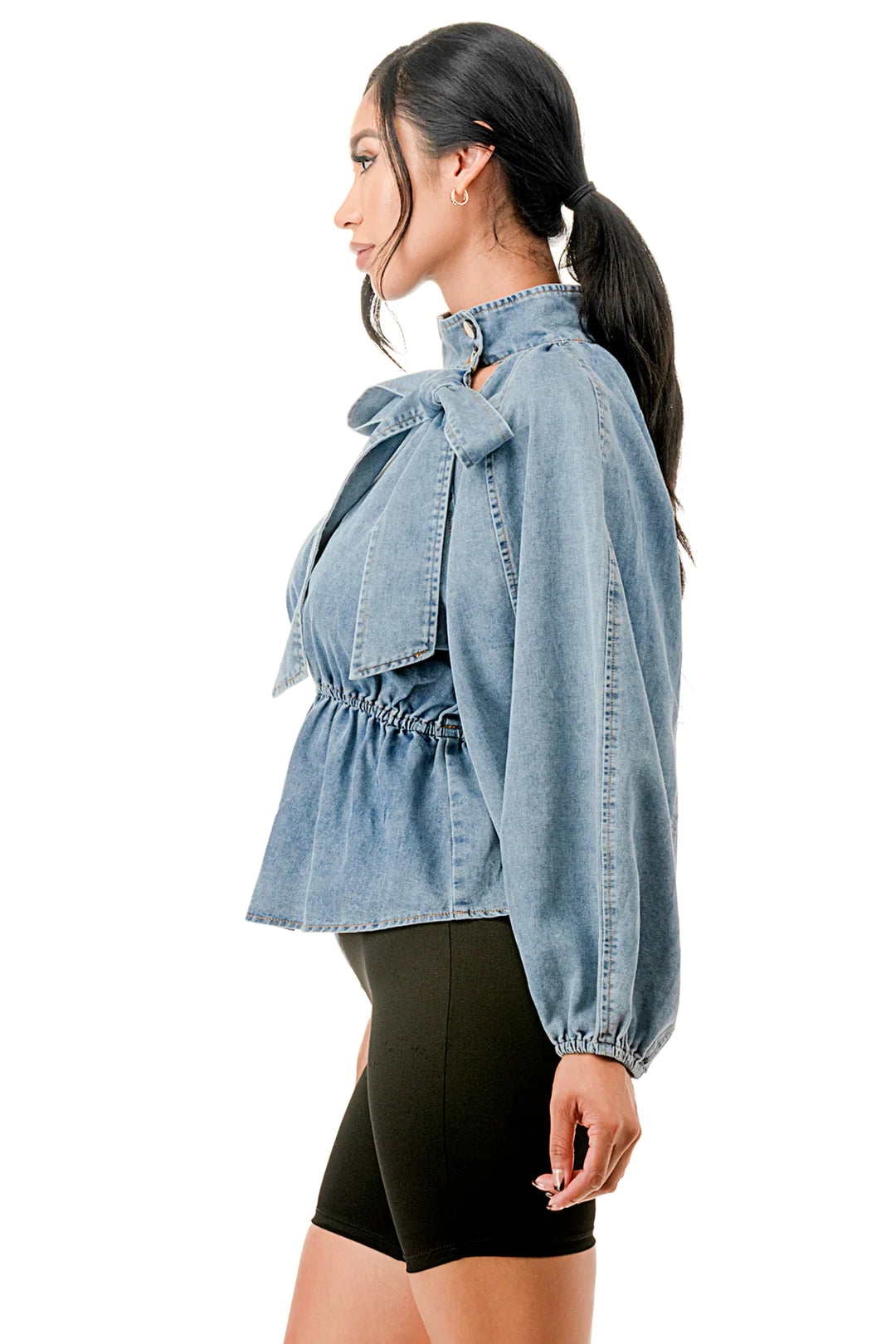 Claire clinched waist Bow tie Denim Top