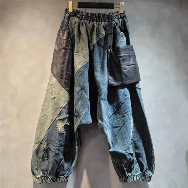 Patchwork & Leather Harem Jeans