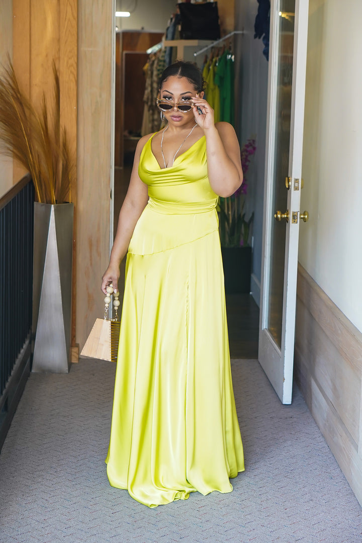 Its Dreamy Long Satin Slit Dress