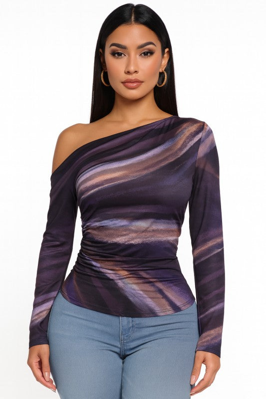 Off Shoulder Abstract Gather Top (Burgundy)
