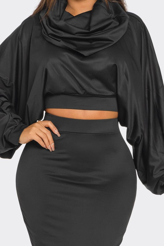 Bianca Crop Hoodie Skirt Set (Black)