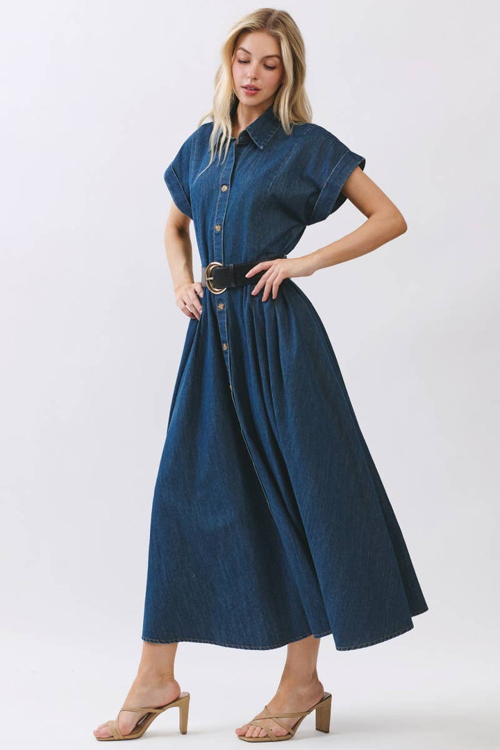 Maison Washed Denim Button Maxi Dress